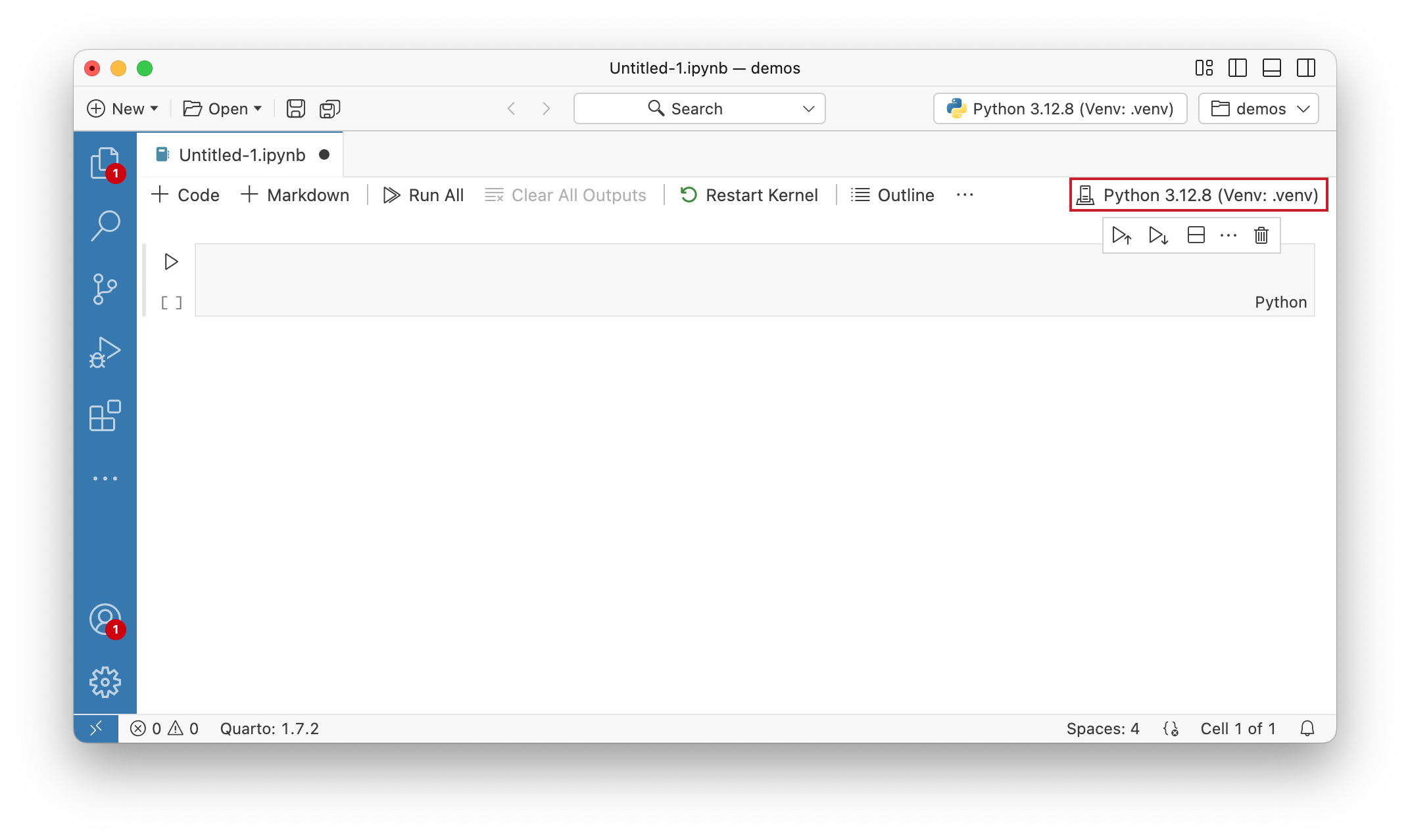 The Kernel Selector showing the selected interpreter for a new notebook.